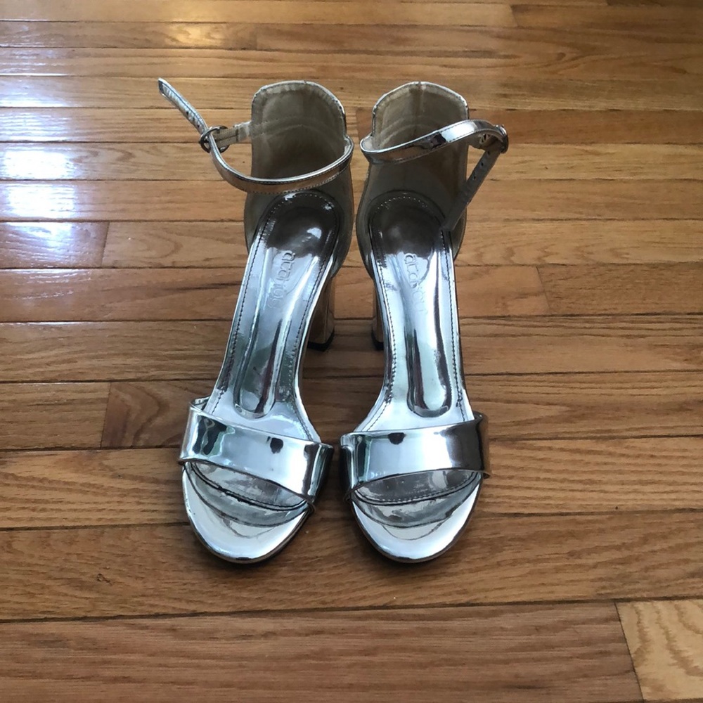 silver-reflective open toed heels